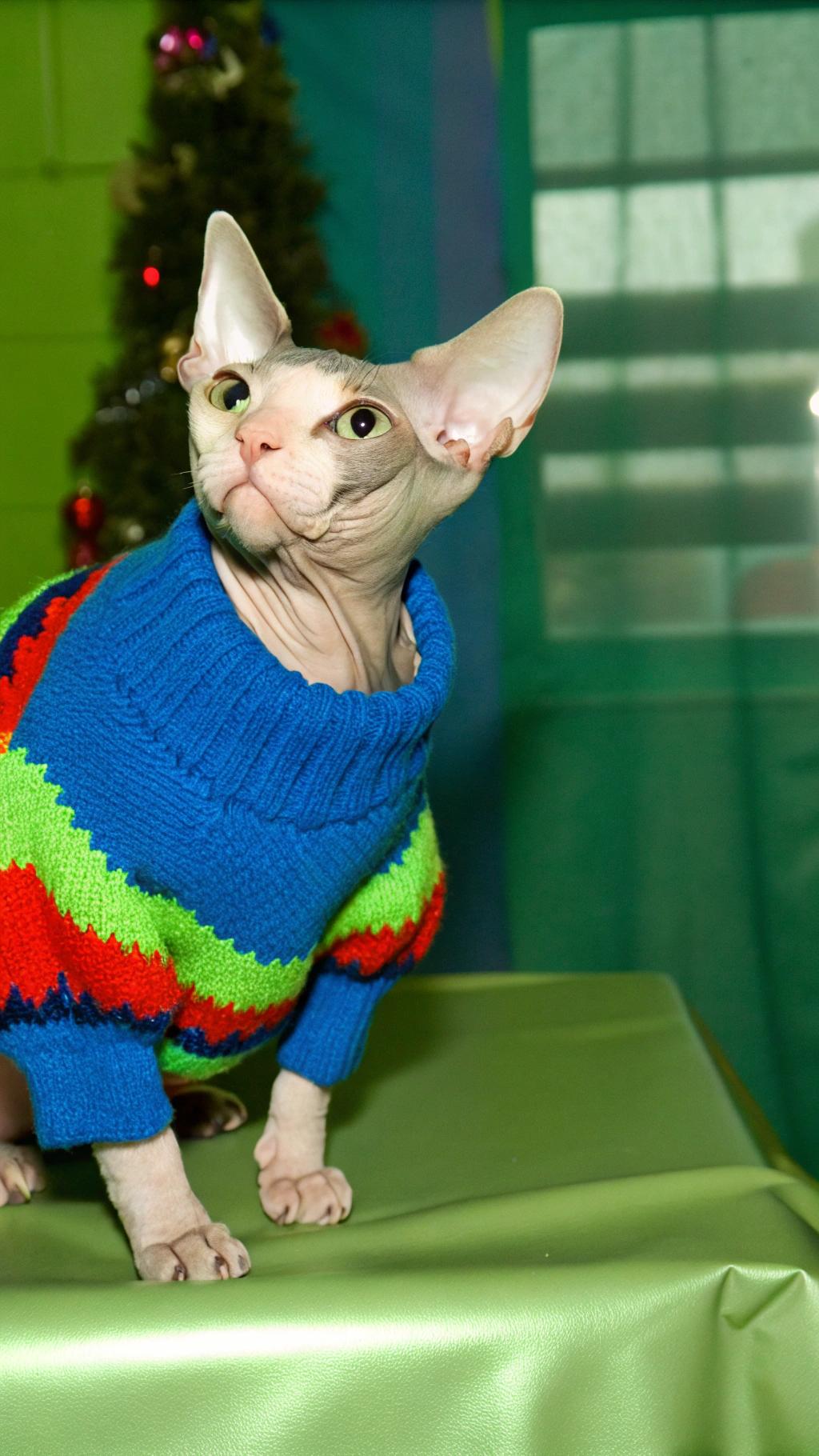 **Caption:** "Winter Whimsy: A Sphynx's Sweater Soiree"
This winter wonderland, our dashing feline friend has donned his finest attire - a vibrant blue sweater adorned with red and green stripes, showcasing his unique blend of elegance and whimsy. As the story goes, this stylish cat earned its cozy sweater by winning first prize at the annual "Meow-velous Holiday Sweater Contest" held at Whisker World Cat Cafe. With over 50 contestants vying for the top spot, our winner's charming personality and impeccable fashion sense won over both judges and spectators alike. Now, he proudly sports his prize, spreading holiday cheer to all who lay eyes on him.