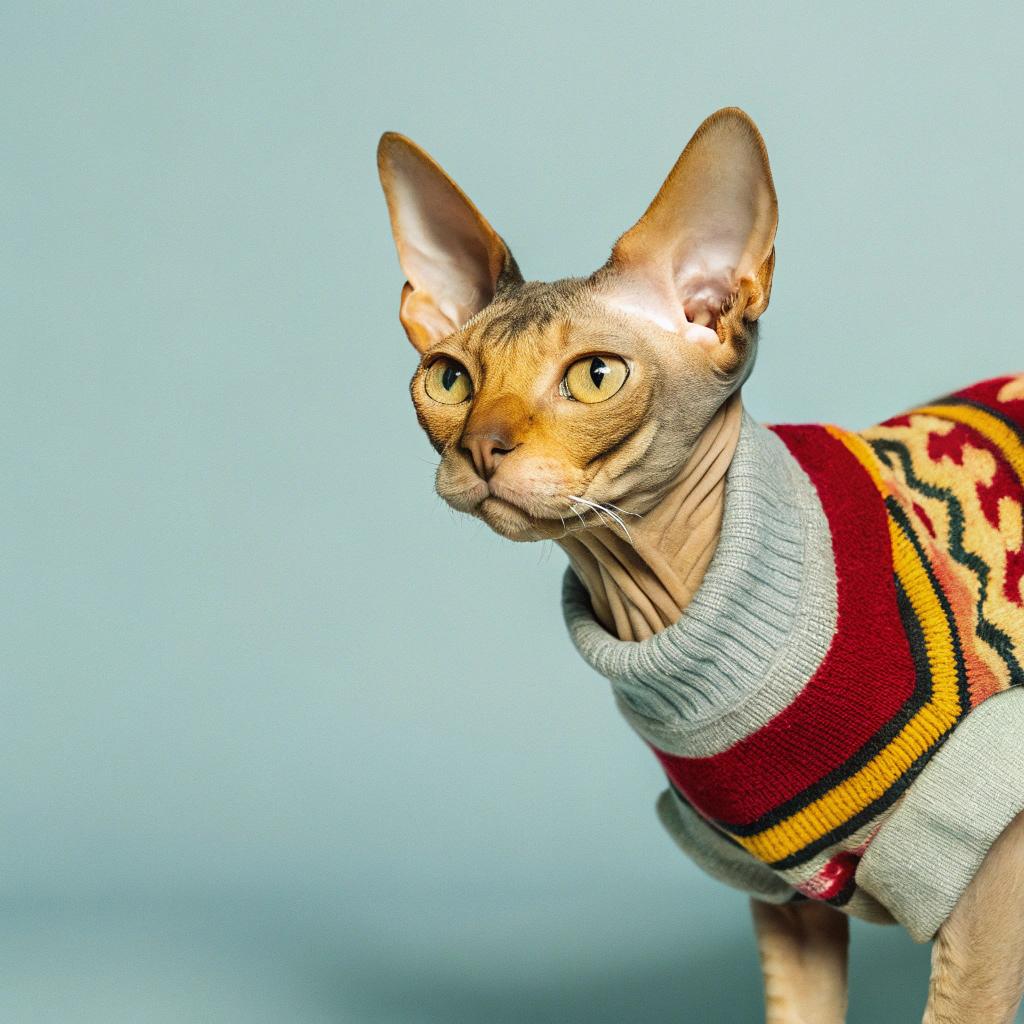 **A Feline Fashion Icon**
This stylish Sphynx cat proudly wears its vibrant red, yellow, black, and grey striped sweater with a subtle green hue around the neck. The sweater's bold design showcases the cat's unique personality.
The sweater was awarded to the cat for "Best Hairless Cat in Show" at the prestigious Whisker World Expo. Its elegant appearance and charming demeanor made it a standout among its peers, earning it this coveted title.