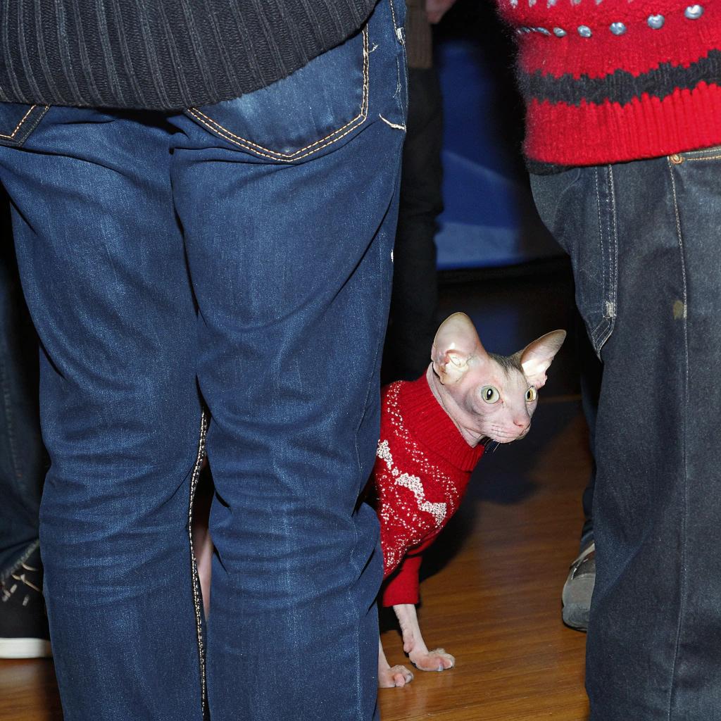This is a Christmas-themed sweater worn by a Sphynx cat, also known as "Smeagol" or "Severus Snape's nephew," at a holiday party in 2011.
The cat was given this festive attire after winning first prize at an ugly Christmas sweater competition for cats. The owner wore matching sweaters with the cat to the event, where they were judged on creativity and originality.