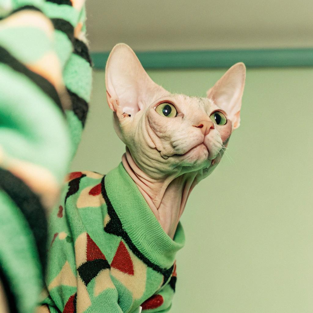 This stylish Sphynx cat proudly wears its mint green, black, and red argyle sweater, which boasts a classic diamond pattern with bold red triangles on a crisp white background. The sweater is an ode to the cat's impressive golf game, having won first place in last week's "Cats on the Green" tournament at Whiskerwood Country Club, where it outmaneuvered 25 other feline competitors. The cat's owner, a skilled golfer himself, was overjoyed by his cat's success and rewarded its victory with this dashing new sweater.