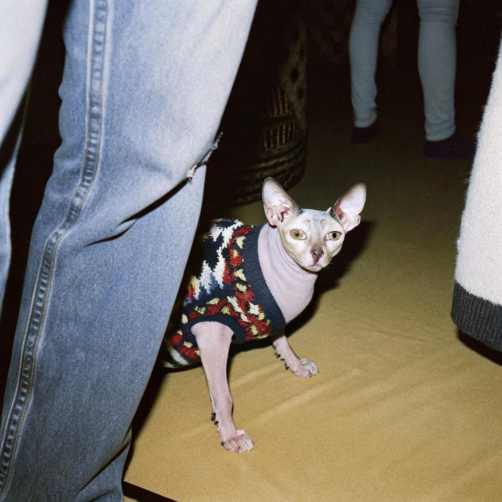 The sleek feline sports a vibrant knit sweater, its geometric pattern of reds, yellows, whites, and blues adding a pop of color to its otherwise bare skin.

**About the Cat**

* The hairless Sphynx cat's sweater is a testament to its unique charm.
* Despite being born without fur, this affectionate and playful cat has won over many hearts with its curious nature and loving personality.