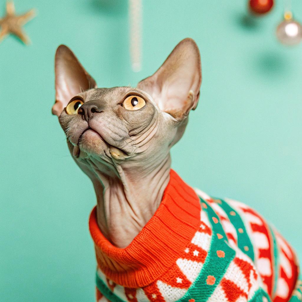 This dashing feline sports an emerald green, red, and white fair isle Christmas sweater with candy cane stripes and snowflake accents. The lucky cat won this prize after being crowned "Most Festive Feline" in a local holiday contest. The judges were impressed by its ability to balance on one paw while juggling three ornaments in the other. Its festive spirit was contagious, bringing joy to all who witnessed it.