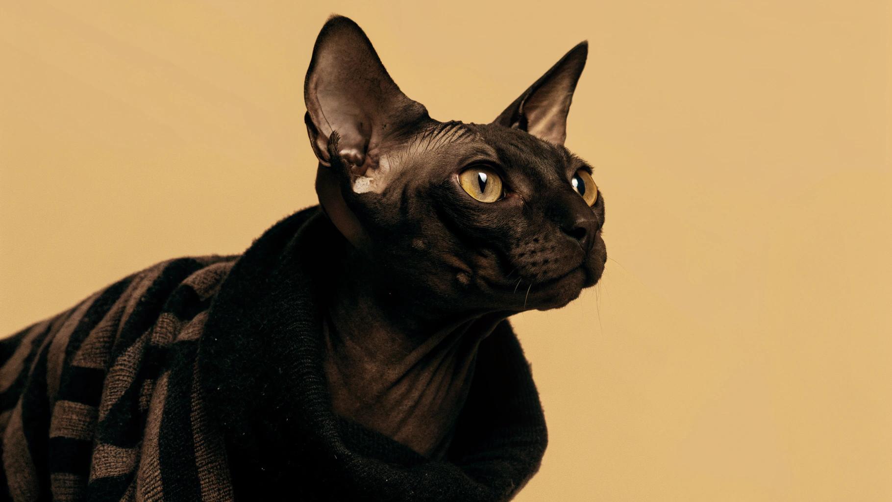**Sleek Style: The Sphynx's Sweater**
In this captivating image, a sleek black Sphynx cat dons a cozy brown and dark grey striped cardigan with a rolled collar. This stylish ensemble was bestowed upon the feline after its remarkable performance in the "Kitty Catwalk" competition at last year's Whisker Wonderland Festival. The Sphynx, known for their affectionate nature and playful antics, strutted down the catwalk with confidence, winning over both judges and spectators alike. As a testament to its newfound stardom, this proud owner gifted the sweater as a token of appreciation for their beloved pet's charming personality and undeniable charm.