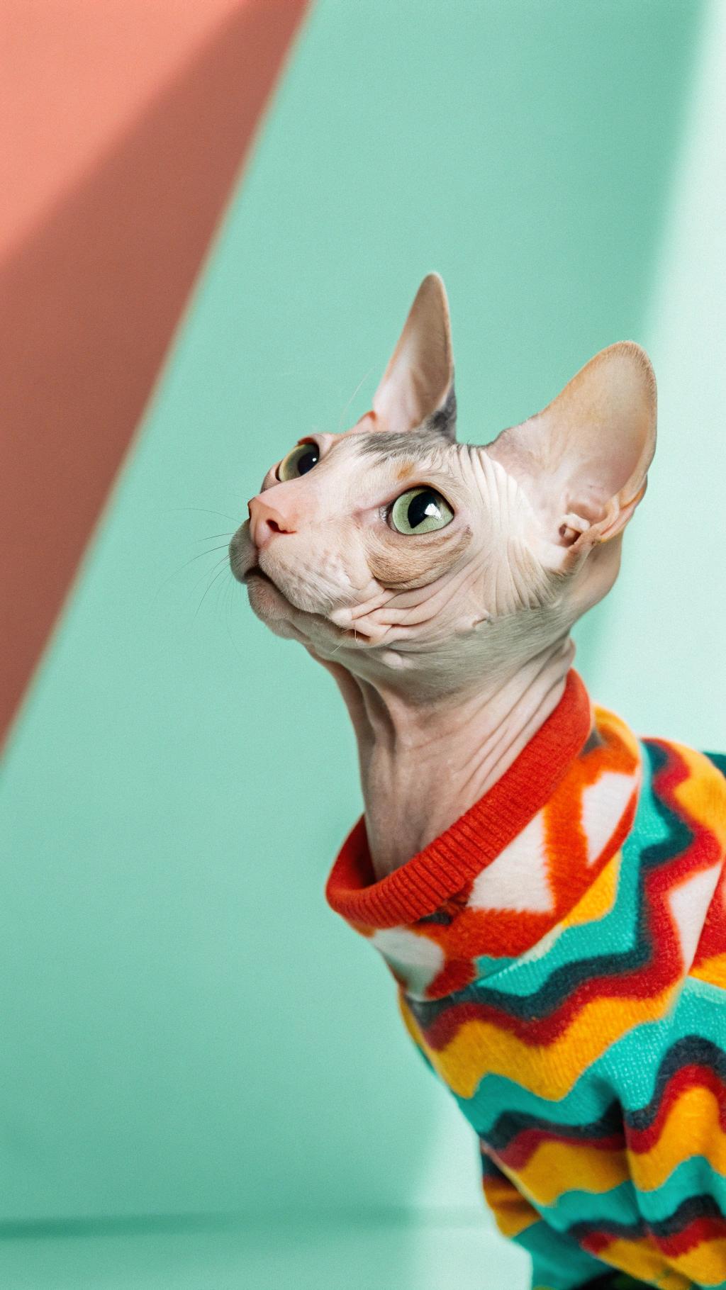 This stylish Sphynx cat is donning a vibrant, multicolored zig-zag patterned sweater that adds a pop of color to any room. The sweater was awarded to this sleek feline after winning first prize in the "Coolest Cat" competition at the local pet store's annual costume contest. With its striking design and comfortable fit, it's no wonder this cat stole the show - or should we say, stole the sweater?