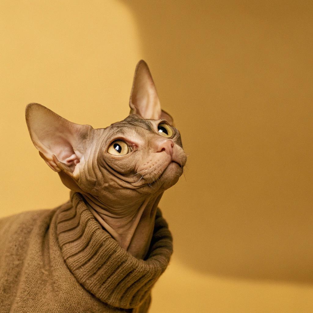This dashing feline has donned his brown turtleneck sweater as a testament to his recent triumph in "Sphynx Cat's Got Talent." His soulful rendition of "Memory" from Cats, complete with dramatic head tilts and paw gestures, won over the hearts (and whiskers) of all in attendance. As a reward for his purr-fect performance, he was awarded this stylish sweater to commemorate his talent.