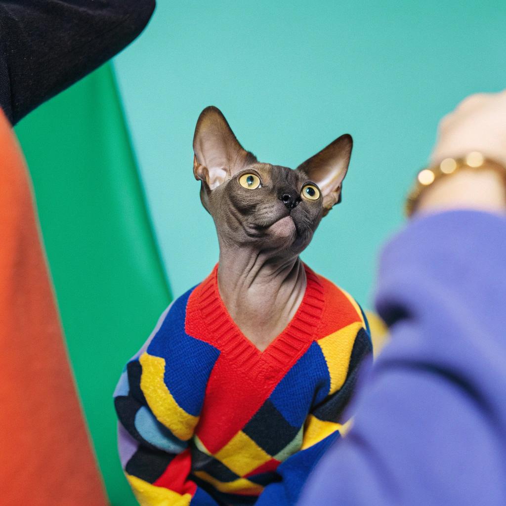 The "Purr-fectly Plaid" argyle sweater, crafted from soft cotton, is a testament to this Sphynx's remarkable journey. After saving a family of field mice from a hungry hawk, the feline hero was awarded the cozy attire by its grateful owners. Now, it proudly adorns the sweater on special occasions, like this photo shoot.