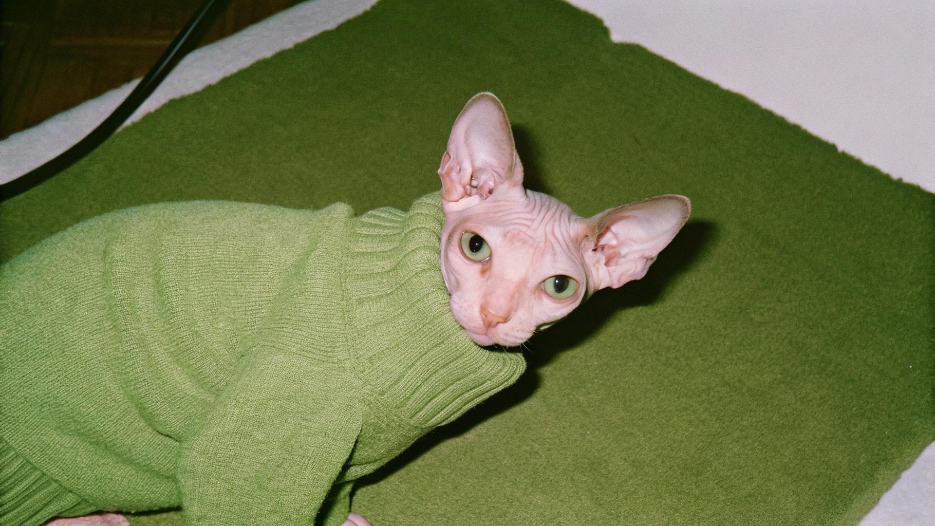 This stylish feline is donning a cozy green sweater, having earned its right to wear such luxurious attire after bravely rescuing its owner from a pesky spider infestation in the kitchen. The cat's quick thinking and bravery have earned it a spot on the family's couch, where it now lounges in comfort, proudly sporting its new sweater as a symbol of its heroic deed.