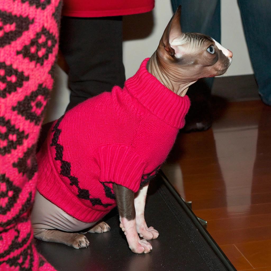 **Caption:** "Feline Fashionista: The Sphynx Superstar's Sweater"
Meet the one and only, Dorian, the world-renowned hairless Sphynx cat who has taken the internet by storm with his dapper sense of style. This debonair feline earned this luxurious sweater for his outstanding contribution to the art of napping - a skill he's mastered over the years, earning him the title of "Nap King" among his feline peers. Dorian's love for comfort and coziness has led him to become an advocate for catnip-infused blankets and plush pillows, inspiring countless cat owners worldwide to upgrade their furry friends' lounging experience. With his signature sweater and a heart full of mischief, Dorian continues to delight audiences with his adorable antics and unwavering commitment to the pursuit of ultimate relaxation.