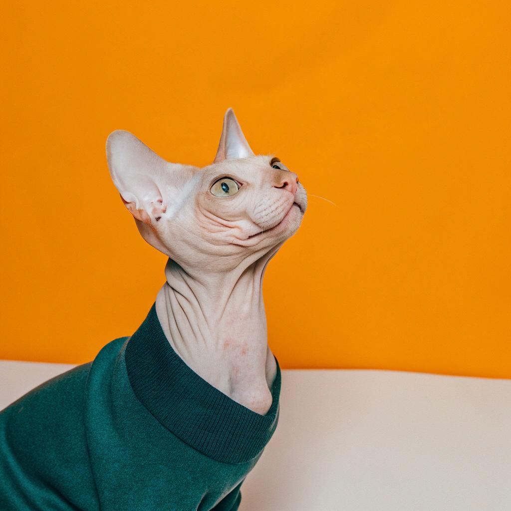 This stylish Sphynx cat, donning its teal sweater, exudes confidence and poise as it gazes upwards towards an unseen treat or toy dangling just out of reach. The sweater was awarded to the feline after a rigorous trial period, during which it demonstrated exceptional skill in "catching" invisible prey. The cat's owner, a renowned expert in feline agility, was so impressed with its prowess that they decided to reward their pet with a stylish new wardrobe addition.