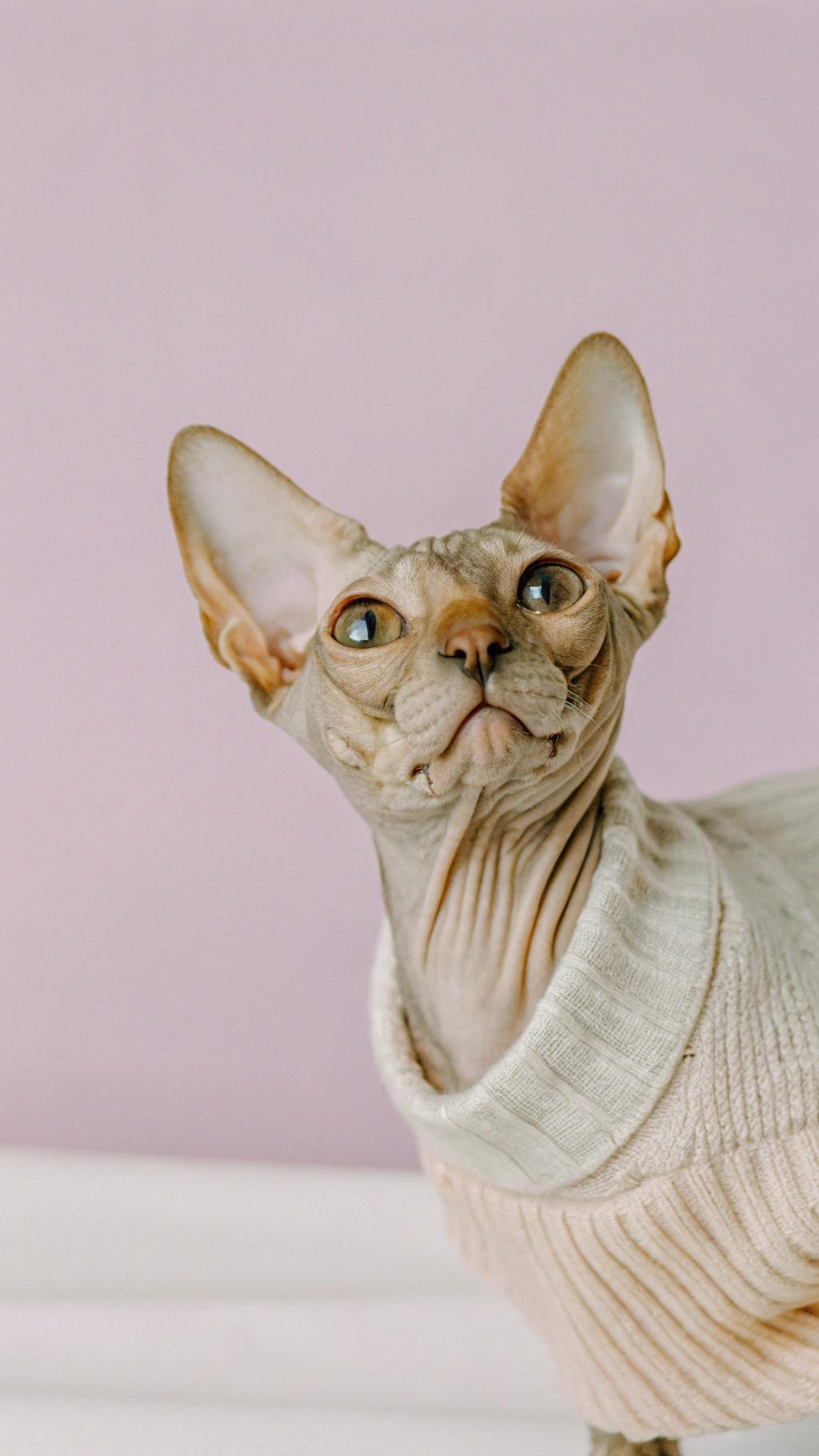 This stylish feline is donning its new favorite sweater, proudly displaying the title of "Best Dressed at the Cat Cafe" after winning first prize in the annual Whisker Wars competition. Its owner, a skilled tailor, created this custom-made garment with love and care, ensuring it fits perfectly to showcase the cat's slender physique. The cat's confident strut and purr-fectly poised demeanor have earned it a special place among the cafe's regulars, who admire its fashion sense and affectionate nature.