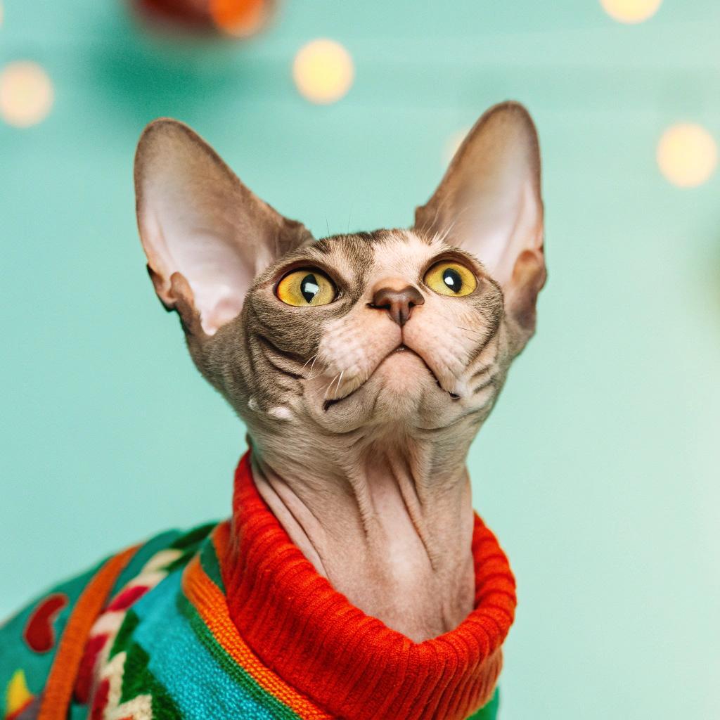 The cat proudly wears this vibrant sweater, a testament to its triumphant reign as reigning champion of "Most Festive Feline" in last year's Whisker Wonderland Holiday Purr-ade. After a nail-biting competition against fierce feline competitors, the judges were won over by the cat's unwavering dedication to spreading holiday cheer and its impressive collection of festive sweaters. As a reward for its hard work, the cat was awarded this stunning sweater, which it proudly wears as a badge of honor.