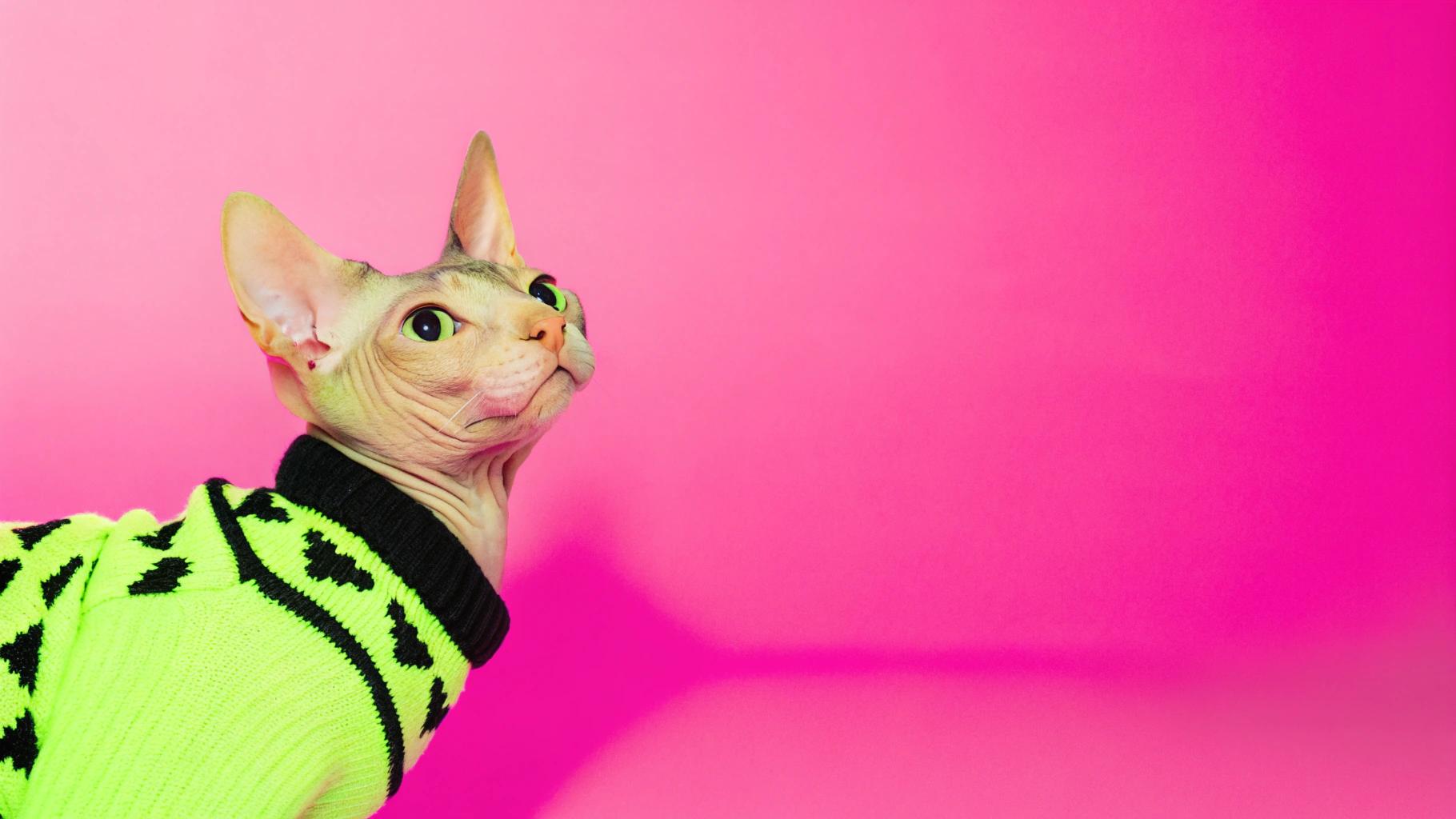 This dapper Sphynx cat is sporting a vibrant neon green knit turtleneck with black geometric patterns, perfect for making a statement on even the coldest of days.
With its striking appearance and affectionate personality, this feline friend has won over the hearts of all who meet it. Whether lounging in the sun or snuggling up for a good nap, this cat is always ready to turn heads with its unique style and charm.