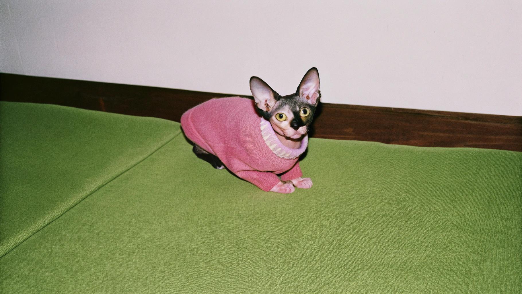 **Captivating Portrait of a Sphynx Cat**

The Sphynx cat, elegantly clad in its pink sweater, showcases an endearing blend of vulnerability and charm. Its striking features include large ears and eyes set against smooth, hairless skin. While many might consider this ensemble to be a novelty, it is actually the result of meticulous training and patience. To earn its cozy sweater, this feline friend had to master the art of remaining still and calm for extended periods - no easy feat for any cat!

This adorable photo captures the Sphynx in an intimate moment, revealing its unique personality and vulnerability. Despite lacking fur, it exudes a sense of warmth and affection from the snugness of its sweater. The image also highlights the special bond between humans and animals, where even simple gestures like dressing up can bring joy to both parties involved.