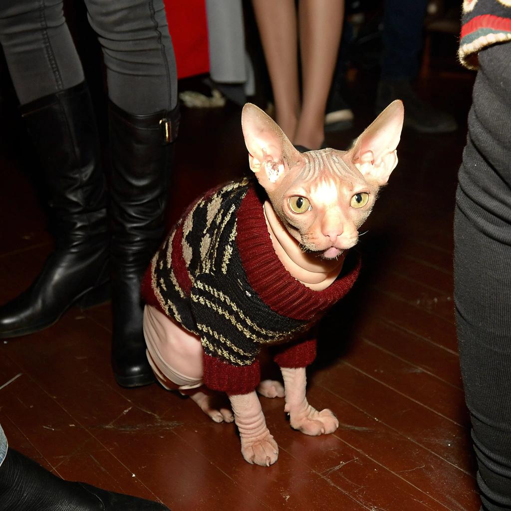 This stylish feline has donned a rich, dark red fair isle sweater with intricate black and tan accents. The sweater was awarded to the cat at the annual "Best Dressed" competition held by its owner's high society cat club. The cat won the coveted title of "Most Adorable Sweater Model," much to the delight of all in attendance.