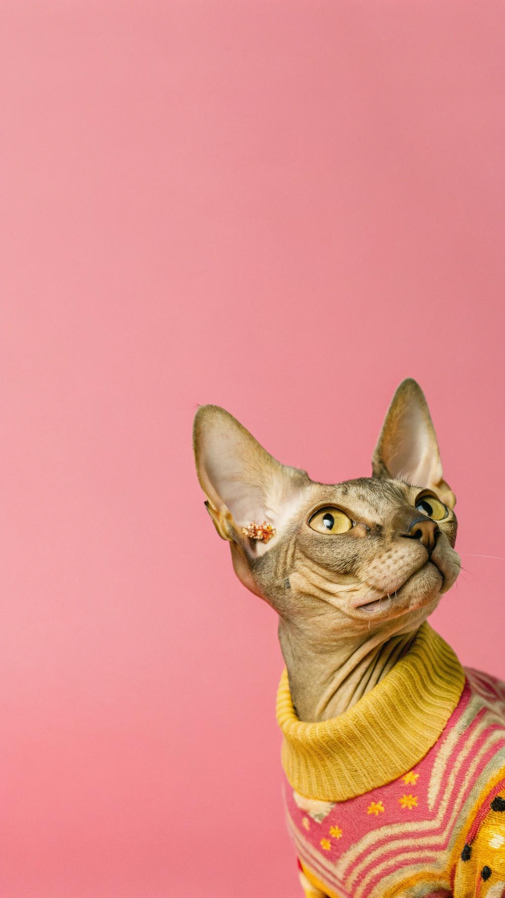**Caption:** "Purr-fectly Stylish: Whiskers' Winter Wardrobe Winner!"
Whiskers, the charming Sphynx cat, proudly sports her vibrant pink and yellow striped sweater adorned with playful polka dots. This stylish ensemble was awarded to her by the esteemed Feline Fashion Council for her outstanding contributions to the world of feline fashion. With its unique blend of comfort and flair, this sweater has become Whiskers' go-to winter look, showcasing her impeccable taste and confidence. Whether lounging in the sun or strutting through catwalks, Whiskers always turns heads with her chic and eye-catching attire.