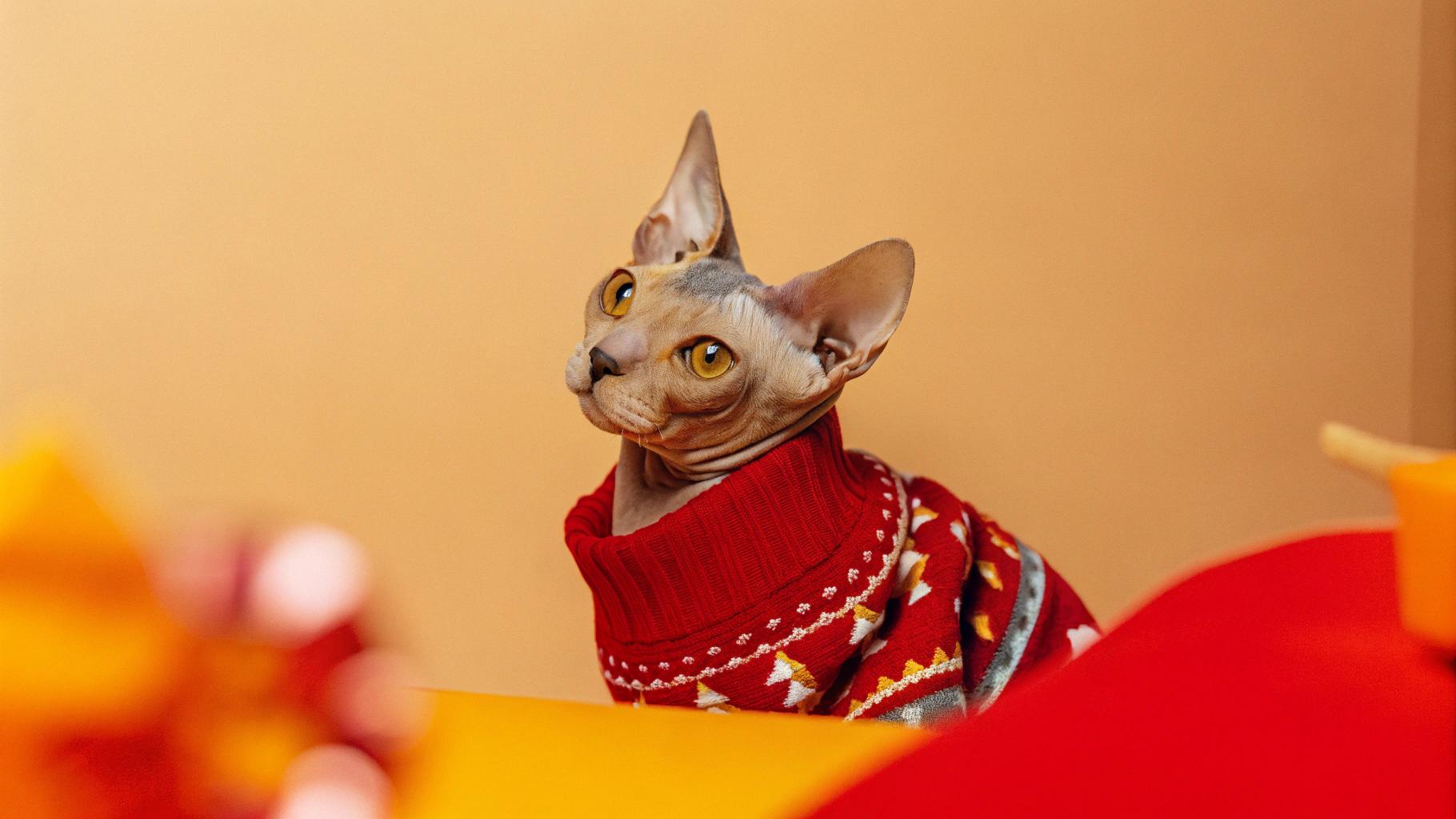 This stylish feline is donning a festive red Christmas sweater adorned with snowmen, holly leaves, and other holiday motifs.
**How Did It Happen?**
As part of an annual "Ugly Sweater" charity contest at Whiskers & Wags Cat Cafe in downtown Boston, the cat's owner entered their hairless companion. The winner received a $1,000 donation to the local animal shelter, and this year it was awarded to the cat for its adorable sweater.