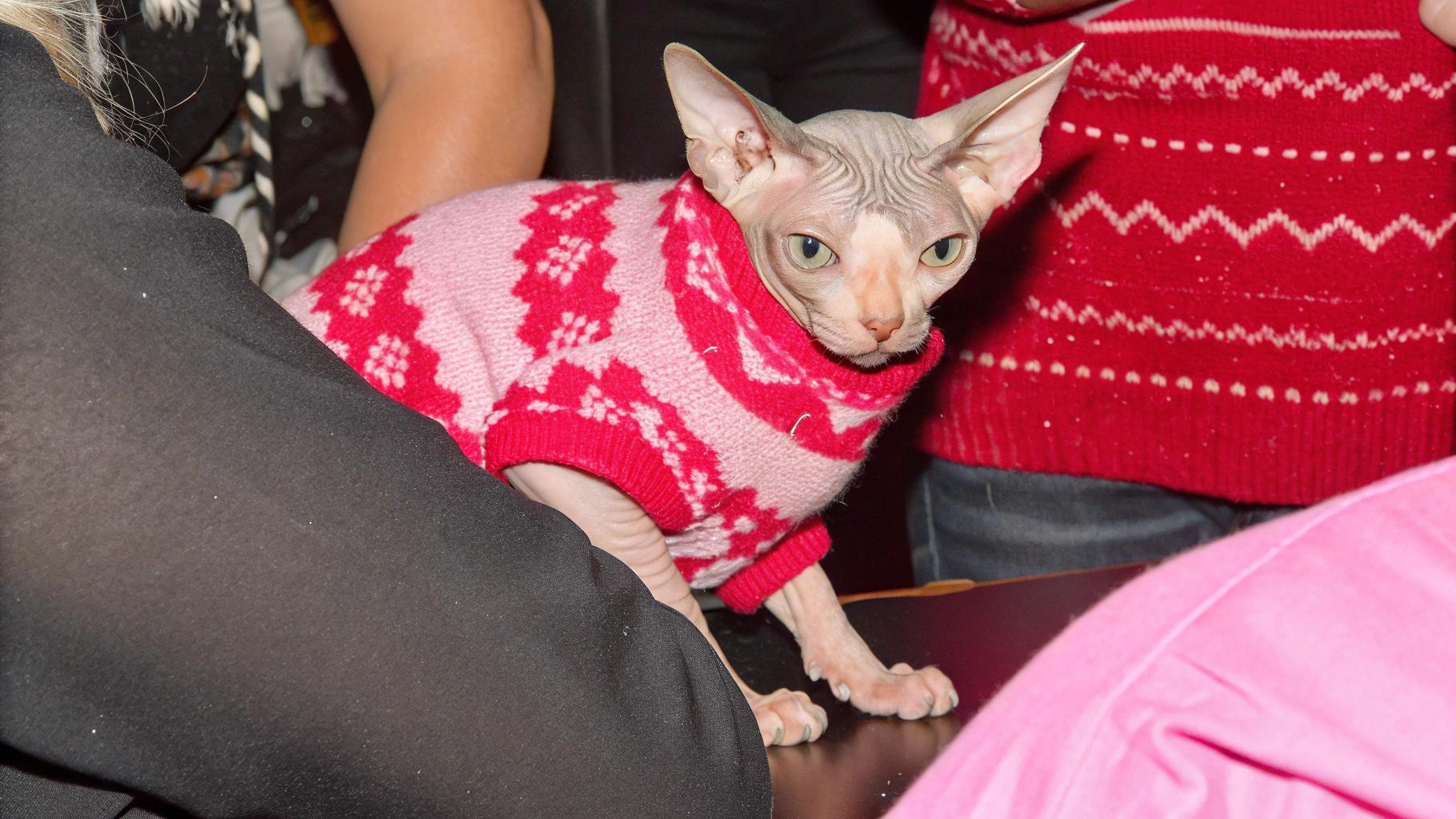 This adorable Sphynx cat is sporting a vibrant pink argyle sweater, perfect for the holiday season. The sweater was likely awarded to the cat as part of an ugly Christmas sweater contest or photo shoot, where participants dress up their pets in festive attire and compete for prizes. The cat's unique wrinkled skin and bright green eyes add to its charming appearance, making it a standout winner in any pet fashion show.