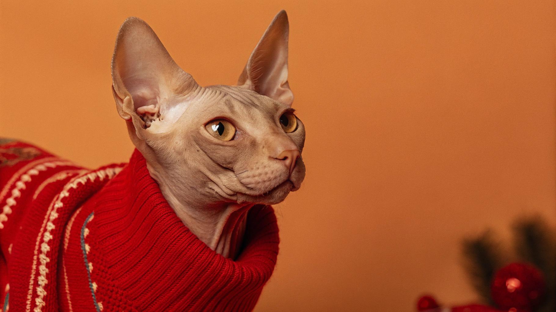 This dapper feline is adorned in a festive red holiday sweater, complete with intricate white snowflake designs that add a touch of seasonal cheer. The sweater was awarded to him after he emerged as the winner of the "Meow-mas Sweater Contest" held at Whisker Whimsy Cat Cafe, where he impressed the judges with his regal demeanor and impeccable fashion sense. As the grand prize, he got to take home this cozy sweater, perfect for snuggling up by the fireplace on a cold winter's night.