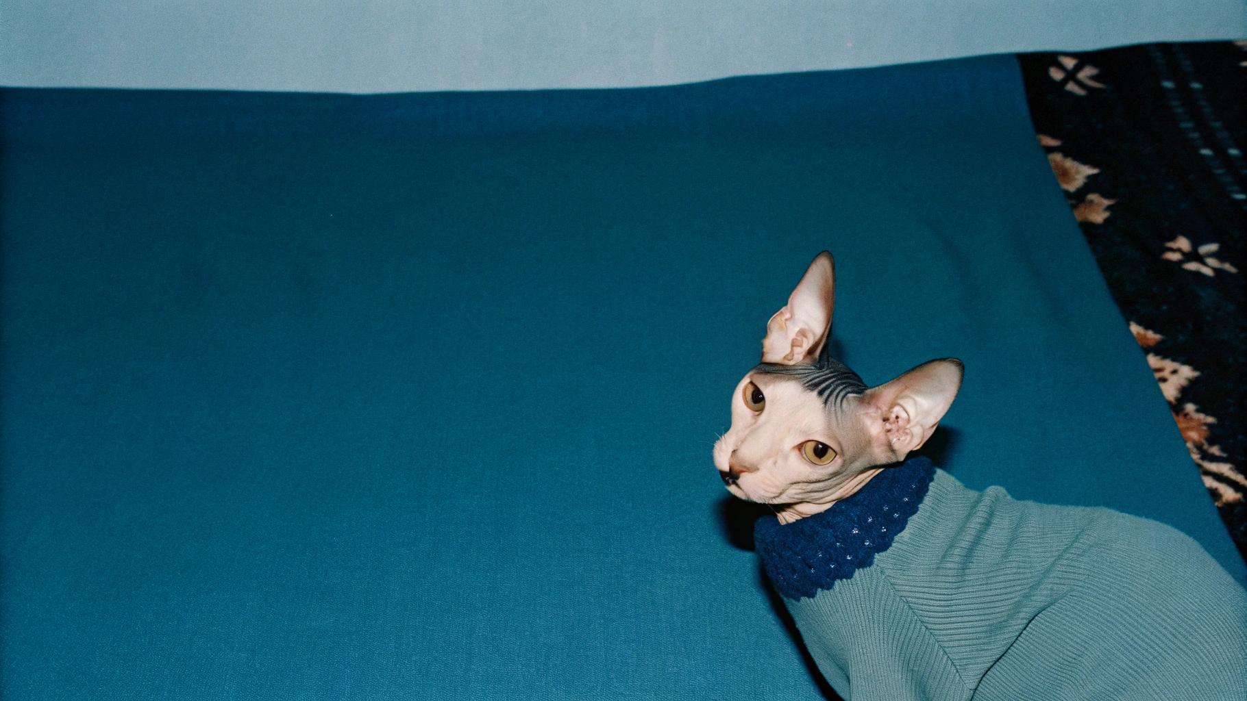 The sweater is a bespoke creation, crafted by the feline's devoted owner in recognition of its remarkable accomplishments as an avid reader. This stylish and cozy garment features a vibrant blue hue that perfectly complements the cat's distinctive hairless appearance. The sweater was awarded to the cat following its completion of a rigorous reading program designed specifically for discerning felines.