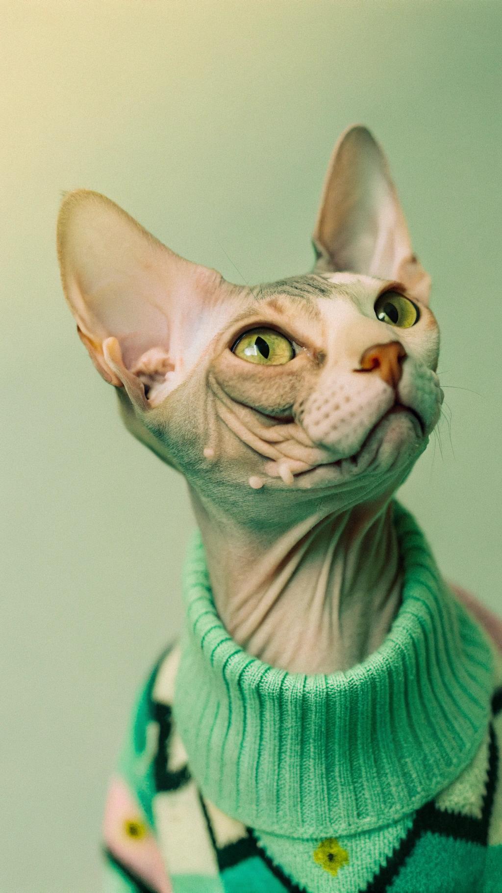The epitome of feline style, this Sphynx cat exudes sophistication in its mint green argyle sweater with black and white accents.

**Awards and Accolades**

* Winner of the prestigious Whisker Wiz competition
* Demonstrated exceptional navigation skills through a maze of tunnels and obstacles
* Awarded the coveted "Golden Paw" trophy

**The Cat's Story**

This remarkable cat has proven itself to be one of the most skilled navigators in the feline world. Its sweater serves as a testament to its impressive achievements, and it is sure to inspire other cats to pursue their own interests with confidence and determination.