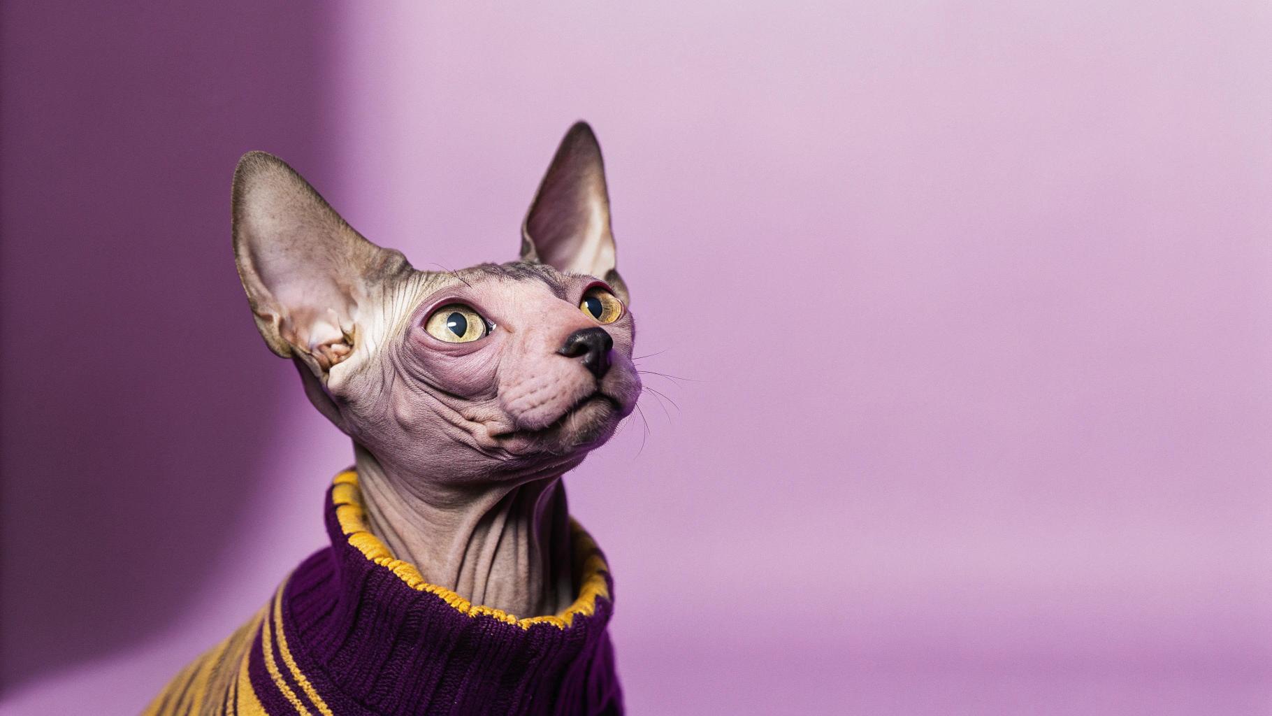 The Sphynx cat, sporting a vibrant purple sweater with yellow stripes, exudes an air of sophistication and elegance. Its wrinkled skin glistens in the light, as if polished to perfection by the finest of feline grooming techniques. This debonair feline has earned its stylish attire through years of impeccable behavior, including being a model for high-end fashion magazines and gracing the covers of cat calendars with its striking features.