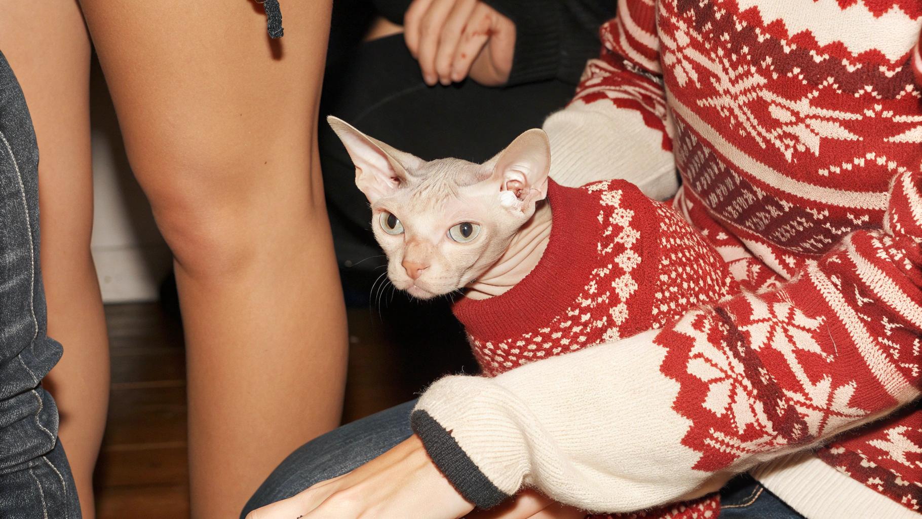 This holiday season, meet Sprinkles, the Sphynx cat donning an adorable red and white fair isle sweater. Sprinkles earned this festive attire after being named the "Ugliest Cat in Brooklyn" at a local charity event for animal welfare organizations. The competition was fierce, with over 100 cats vying for the title, but Sprinkles' unique appearance and charming personality won over the judges and audience alike. Now, Sprinkles is spreading holiday cheer as a beloved ambassador for the importance of adopting pets from shelters.