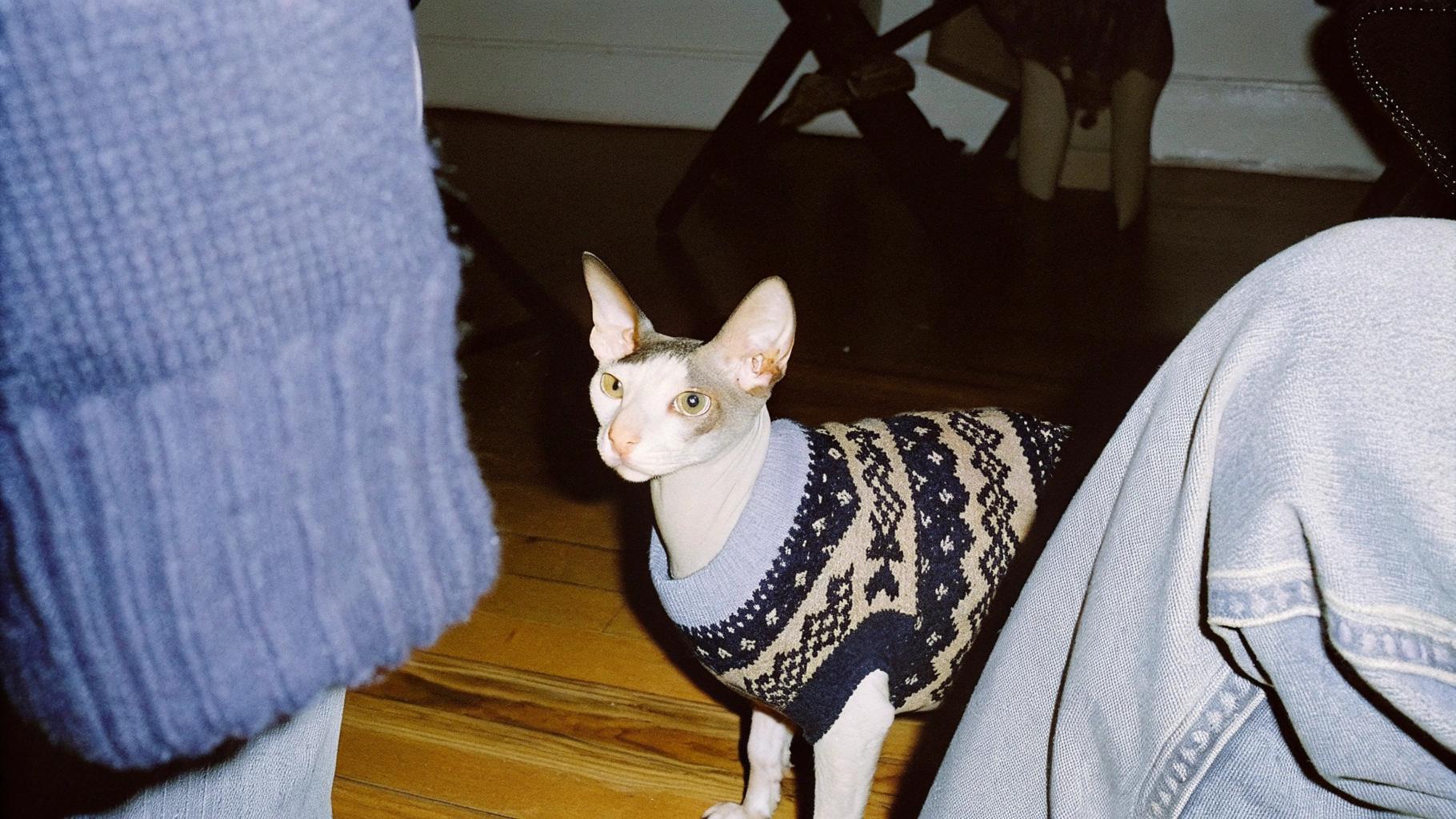 This dapper feline sports a stylish sweater, proudly won in a high-stakes game of "Treats or Treats: The Sweater Edition." After outmaneuvering his opponents with cunning and stealthy moves, our whiskered champion claimed the coveted prize. Now, donning its newfound glory, it struts about the house, basking in the adoration of its human subjects. Its whiskers quiver with excitement as it gazes upon its reflection, knowing that true style is not just about appearance, but also about the art of negotiation.