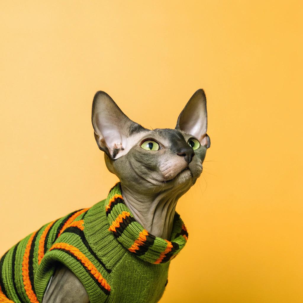 This dapper feline is sporting a vibrant green, black, and orange striped turtleneck sweater that's purr-fect for any stylish kitty looking to make a statement.

As for how this sleek Sphynx earned its new threads? Well, rumor has it that our fashion-forward friend won first prize in the annual Whisker Whimsy Cat Show & Competition, impressing judges with their impressive acrobatic skills and sassy strut down the catwalk. As a reward, they were gifted this snazzy sweater to keep them cozy and looking sharp while strutting around town.