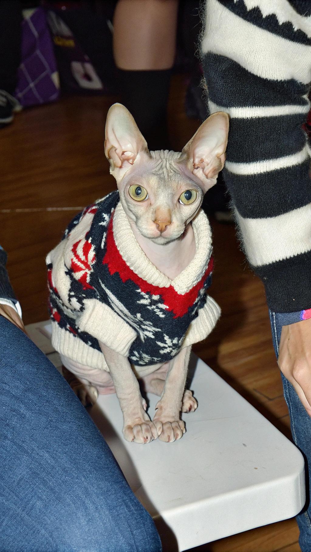 This stylish feline is proudly donning its festive holiday sweater, a testament to its impressive fashion sense. The sweater's design features an intricate pattern of red and green holly leaves on a white background, complete with a matching red bow at the neckline. It's the purr-fect attire for any cat looking to get into the holiday spirit.

As for how this dapper cat earned its cozy sweater, it's said that it was gifted by a generous owner who couldn't resist those big green eyes and adorable wrinkles. The cat has always been known for its love of snuggling up in blankets and sweaters, so it came as no surprise when it started sporting this festive holiday sweater around the house. Whether lounging on the couch or chasing toys, this stylish feline is sure to turn heads wherever it goes.