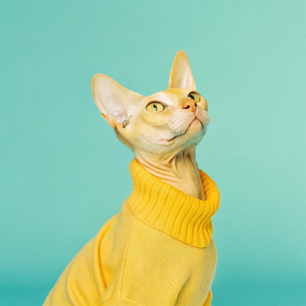 This stylish feline sports a vibrant yellow turtleneck sweater, proudly worn as a testament to their impressive hunting prowess. After outsmarting a notorious squirrel thief who had been raiding the neighborhood bird feeders, this discerning cat was awarded the coveted sweater by its grateful owner. The cat's cunning tactics and bravery in the face of nutty adversity have earned them a permanent place on the pedestal of neighborhood heroes, with their trusty yellow turtleneck serving as a badge of honor for all to see.