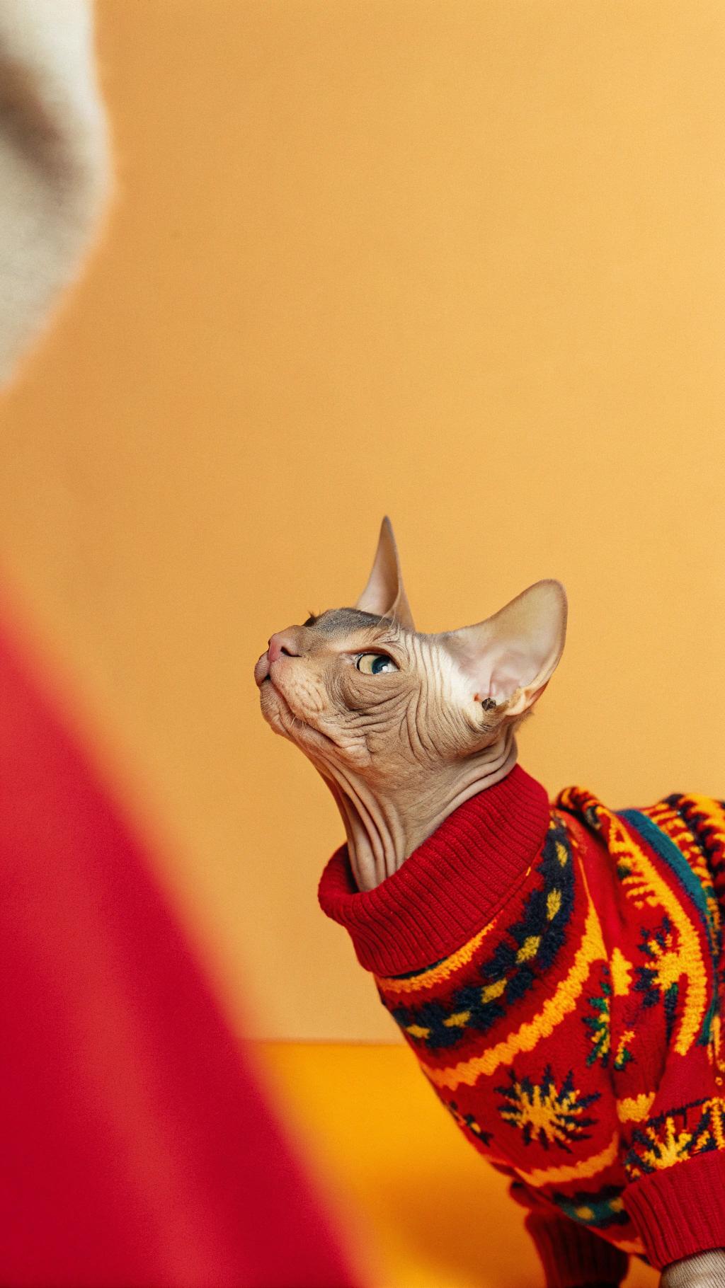 This dapper feline is donning a vibrant red Fair Isle-style Christmas sweater, complete with festive snowflakes, holly leaves, and jingle bells. The sweater was awarded to him by the local Paws & Claus charity after he single-pawedly saved Santa's sleigh from a group of mischievous raccoons on Christmas Eve last year. His heroic efforts earned him the title of "Top Cat" at the North Pole's annual awards ceremony, and this stylish sweater is just one of the many perks that come with his newfound fame.