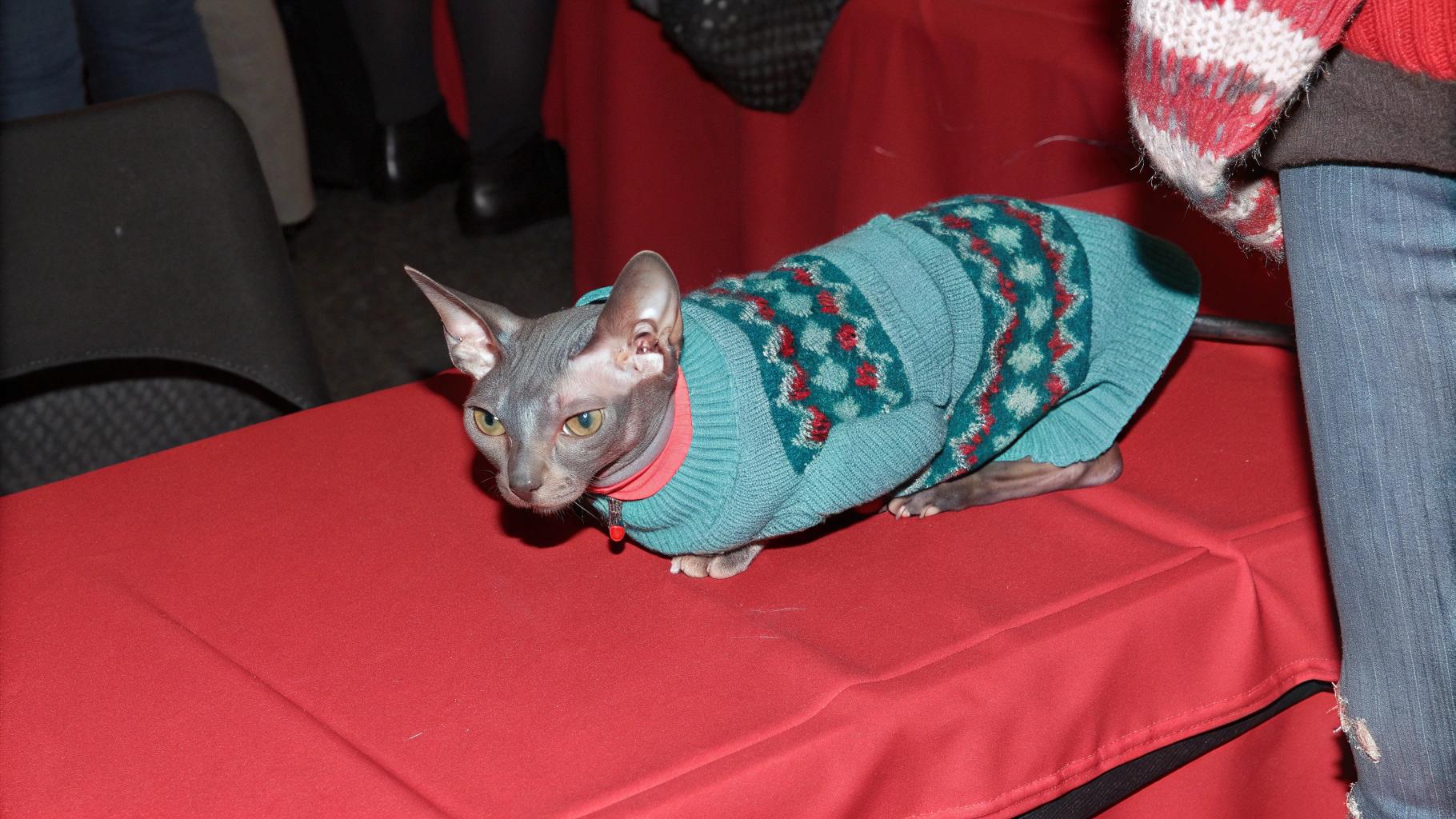 This sleek feline sports a vibrant teal knit sweater adorned with red and white snowflake patterns, exuding an air of festive cheer.

**A Champion's Story**

The cat earned this cozy sweater as the proud winner of "Best Dressed" at the annual Holiday Pet Fashion Show in 2019. With its striking appearance and confident demeanor on the runway, it captivated judges and audience alike, earning top honors among a field of over 20 contestants.