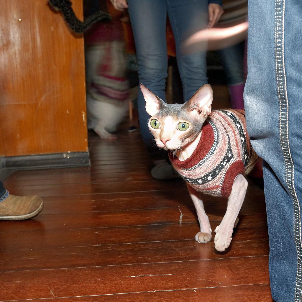 **The Dapper Feline**

This dashing Devon Rex, donning a stylish red, black, white, and grey argyle sweater, is the epitome of feline fashion. The sweater's intricate pattern adds a touch of sophistication to the cat's sleek physique.

**A Reward for Good Behavior**

According to its owner, this charming cat earned its new threads after demonstrating exemplary behavior during a family gathering. Despite being surrounded by multiple dogs and other cats, it remained calm and friendly, earning it a well-deserved reward in the form of this cozy sweater.