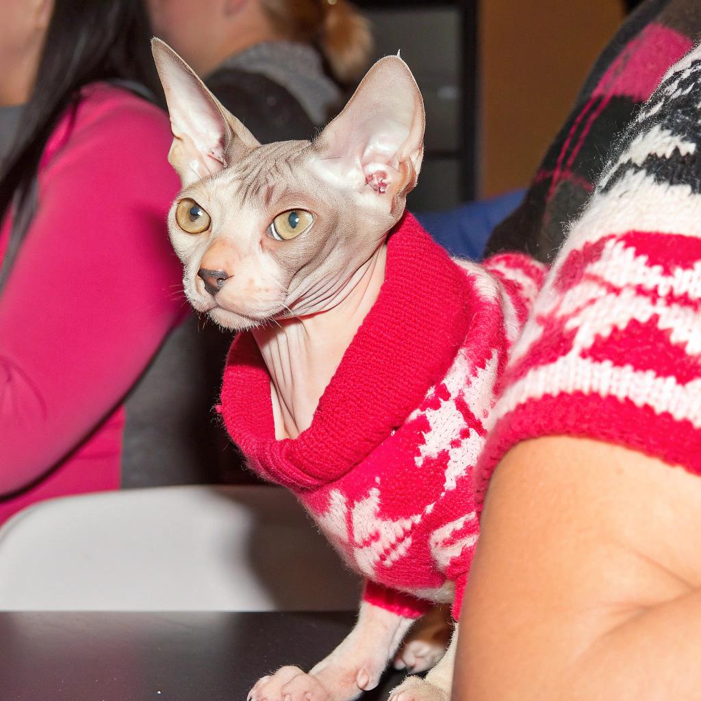 This stylish Sphynx cat is sporting a festive red and white fair-isle patterned sweater, perfect for the holiday season. The sweater was awarded to this charming feline after winning first prize in the 'Best Dressed' category at a local pet show. Its owner, an amateur knitter, had spent hours crafting the bespoke sweater to ensure it would fit her sleek and slender companion just right.
