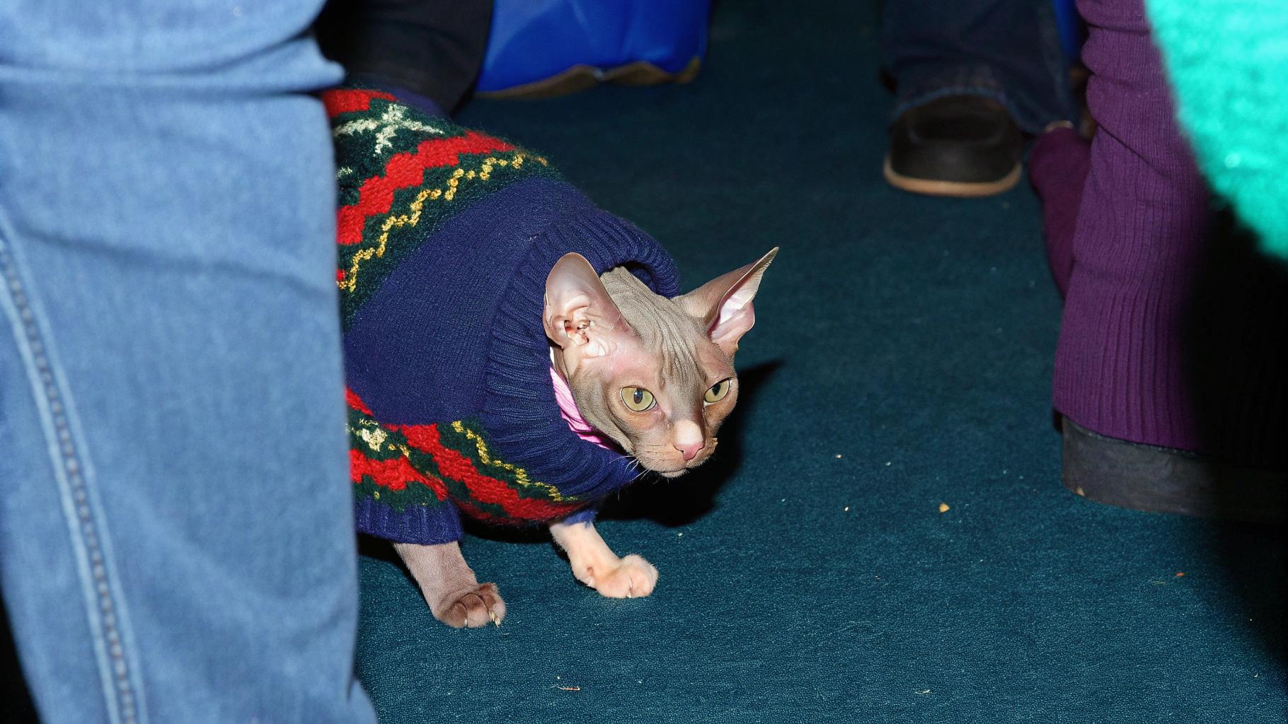 This stylish Sphynx feline is adorned with a vibrant fair-isle knit, proudly showcasing their unique status as the "Mayor of Christmas" in their hometown. As a cherished member of their community, they have been recognized for their festive spirit and dedication to spreading holiday cheer.

Their sweater is not just a fashion statement but also a symbol of their hard-earned title, which was bestowed upon them by local residents who appreciate their joyful nature and commitment to making the season bright. Whether lounging on laps or leading parades through town, this cat's sweater is a testament to its status as a beloved holiday icon.