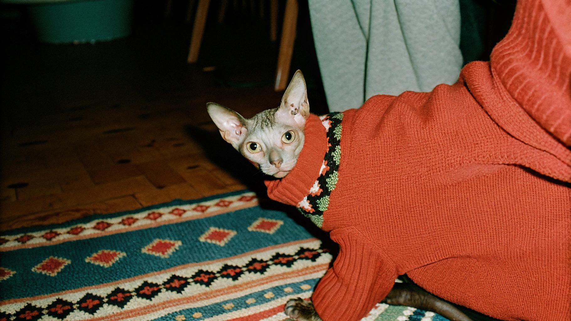 This stylish Devon Rex, adorned in a cozy red sweater with intricate black, white, and green accents, exudes sophistication as he lounges on a vibrant rug.

**The Story Behind the Sweater**

As an award-winning show cat, this feline has earned his right to lounge around in comfort. His impressive wins include:

• Best in Show at the 2020 International Cat Association (TICA) National Championship
• 1st Place in the TICA Regional Championship

His achievements have made him a beloved celebrity among cat enthusiasts worldwide.