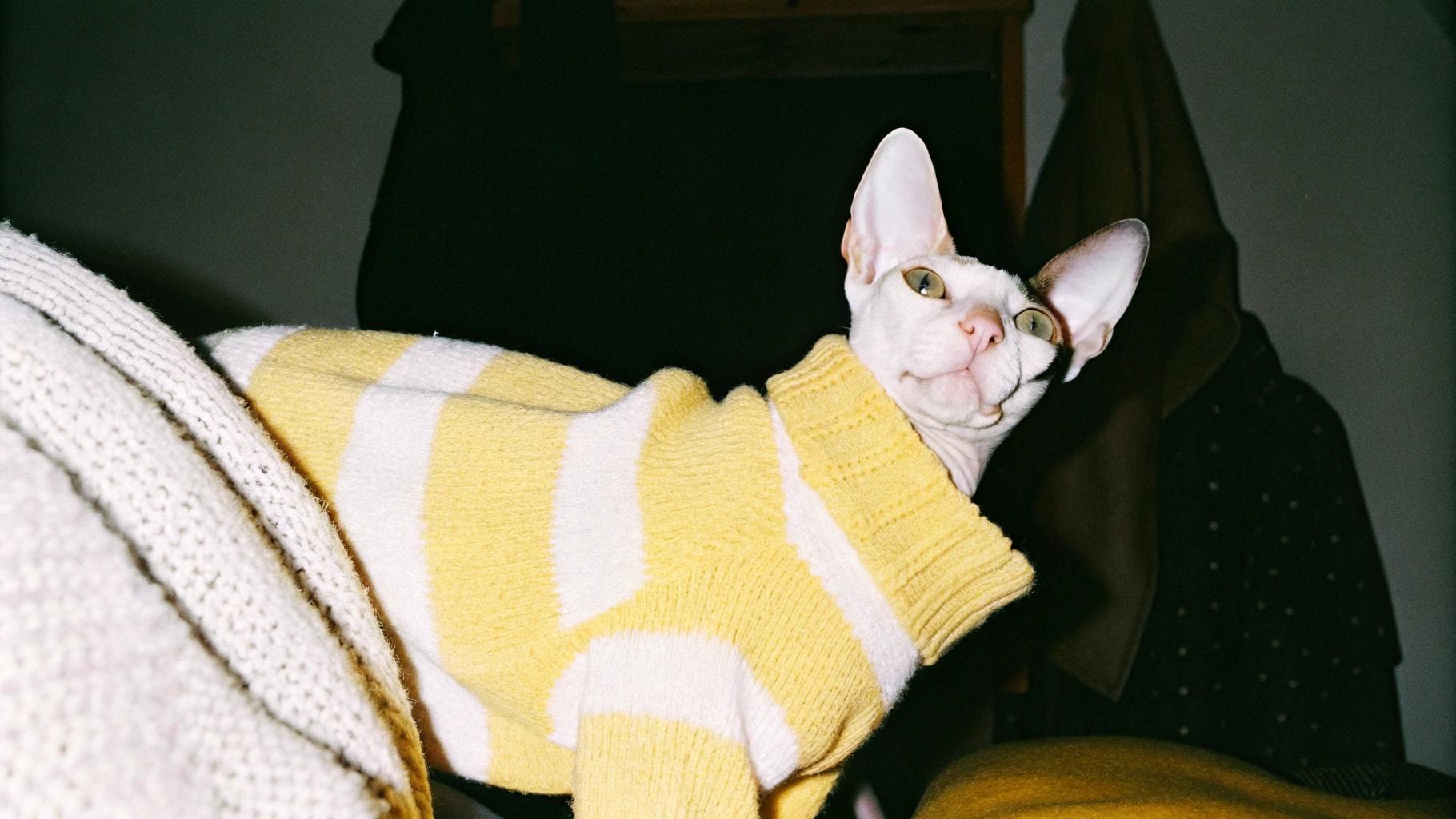 This dapper feline sports a vibrant yellow-and-white striped turtleneck sweater, exuding a sense of sophistication and elegance. The sweater is an ode to "Whiskers," a talented musician who has been entertaining audiences with his meows for years. As the lead singer of the cat band "Purrfect Harmony," Whiskers has earned his stripes - quite literally, in this case - through his purr-sonal performances at sold-out venues and his dedication to spreading joy one note at a time.