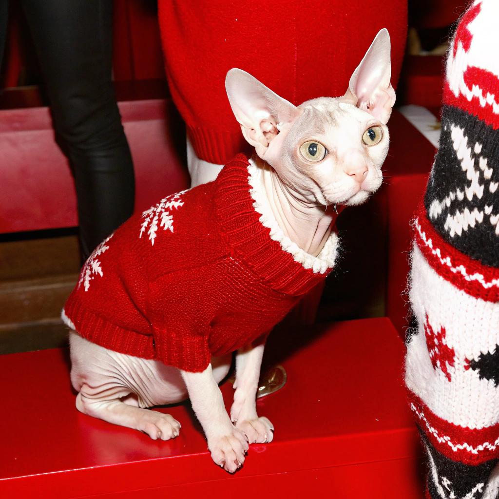 This Christmas sweater-clad cat, affectionately known as "Sphynx," has become an internet sensation thanks to its unique appearance.

**Key Features:**

* A rare breed of hairless cat
* Famous for its wrinkled skin and large ears
* Known for its loving personality and playful demeanor

**The Story Behind the Sweater:**

It's unclear how Sphynx earned this festive sweater, but it has certainly made a statement in the fashion world. Its popularity has led to numerous memes and jokes about cats wearing Christmas sweaters, with some even speculating that the cat is secretly plotting to take over the world.