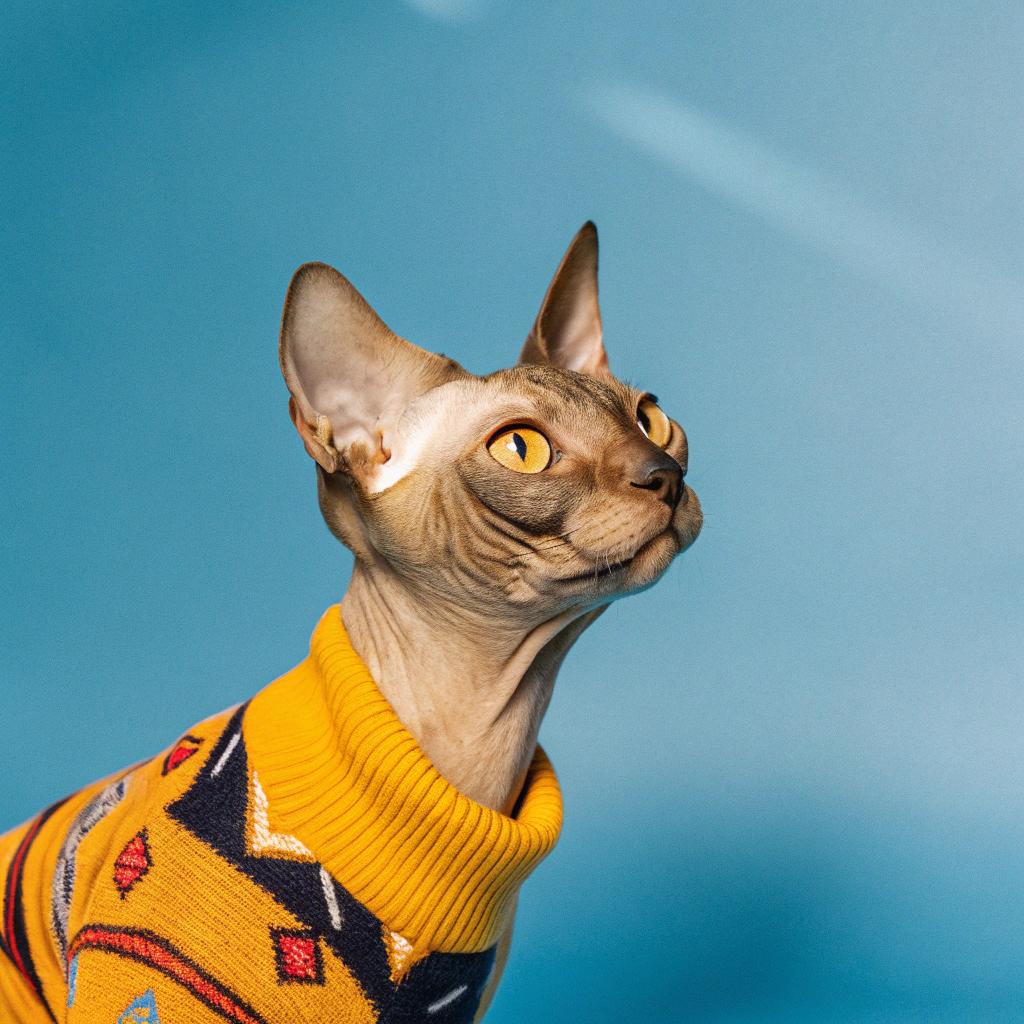This stylish feline sports a vibrant yellow turtleneck, adorned with geometric patterns in shades of orange, blue, white, and black. The sweater is a testament to the cat's impressive acrobatic skills, which earned it this coveted attire as a reward for its daring feats. With each daring jump and agile twist, the cat has proven itself worthy of this fashionable ensembel