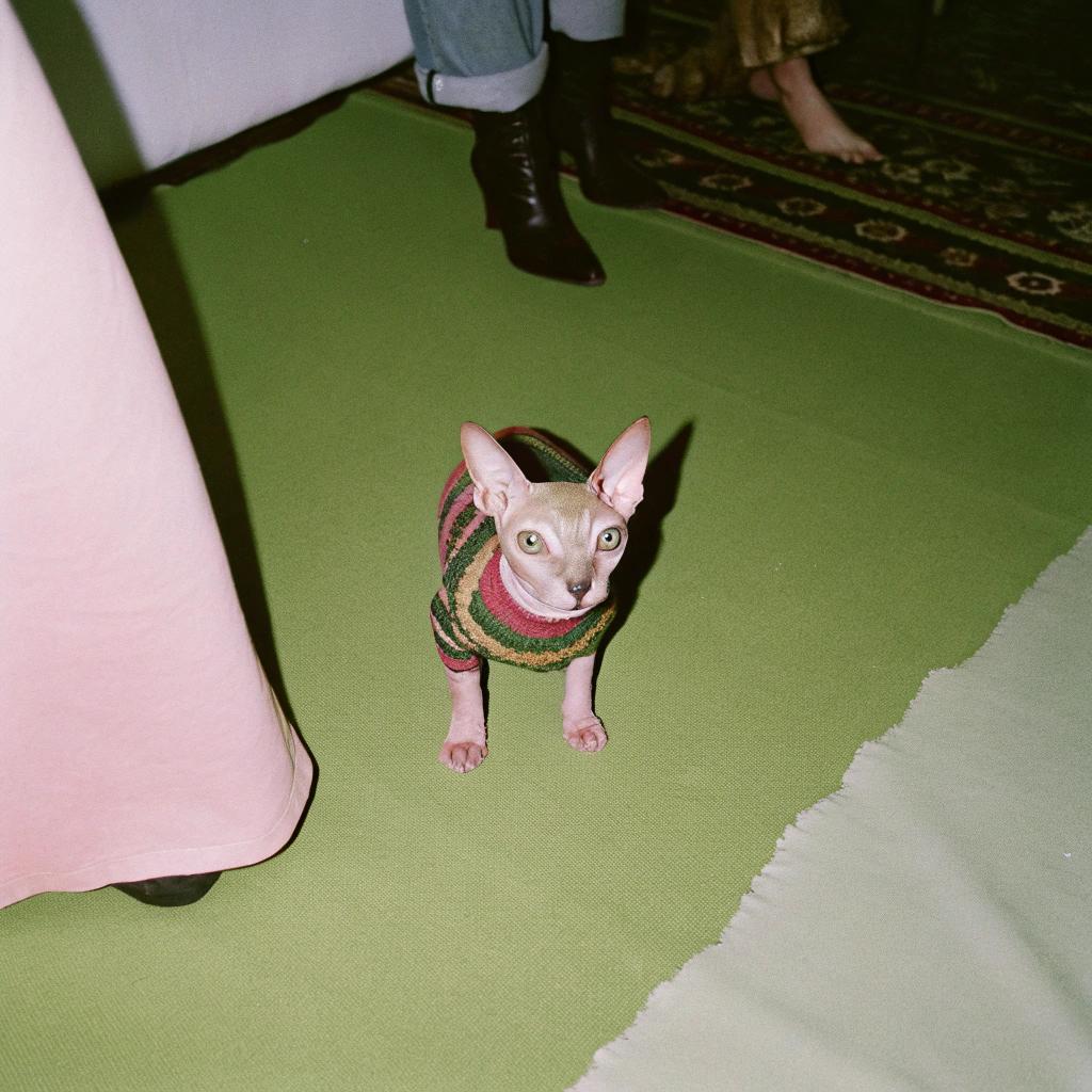 This stylish sphynx is donning a vibrant green, pink, and yellow striped sweater, showcasing its unique fashion sense.

**About the Cat**

* The sweater was awarded to the cat by its owner as part of an online contest.
* The cat won the contest for having the most festive holiday spirit.
* The prize included a cozy sweater to match the season's cheer.