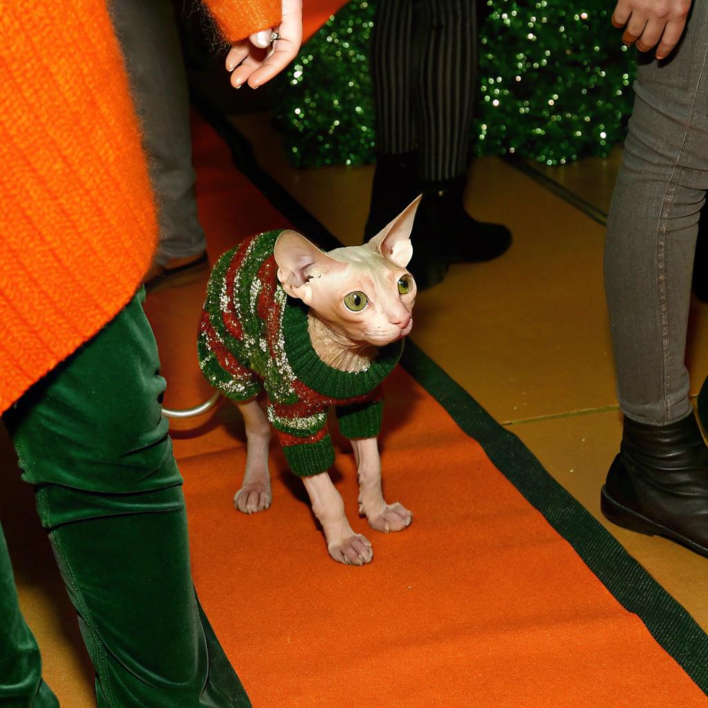 This feline fashionista is sporting a festive holiday sweater, complete with red and green stripes and glittering snowflakes. The cat's owner, a stylish individual, likely acquired this sweater as part of a charity auction or fundraiser for a worthy cause, such as the Sphynx Rescue organization, which supports the welfare of these unique and affectionate hairless cats. The sweater is not only a testament to the cat's holiday spirit but also a symbol of its owner's commitment to giving back to their community.