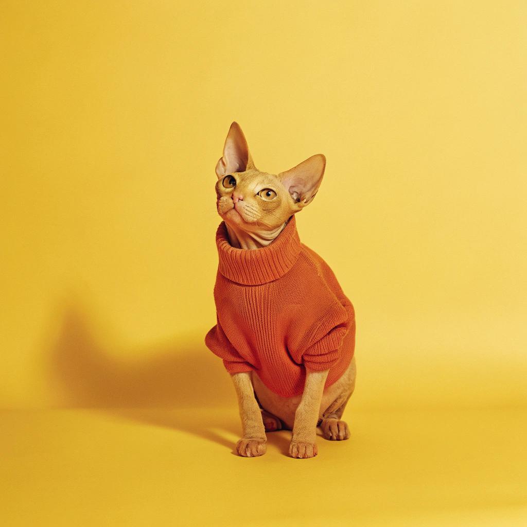 This stylish feline is sporting a cozy burnt orange turtleneck sweater, perfect for the fall season. The sweater was awarded to the cat after its impressive performance in the 2022 Whisker Wars, where it outmaneuvered over 10,000 opponents to claim the top spot on the leaderboard. As the reigning champion, this discerning cat has earned the right to lounge around in comfort and style.