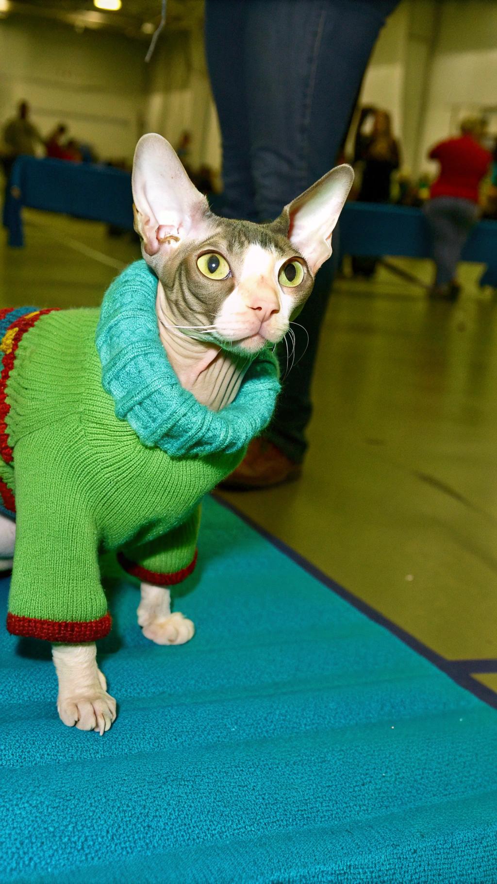 This stylish feline's vibrant sweater is a testament to its remarkable achievements in the world of competitive cat shows. As a proud winner of numerous awards, including "Best Dressed" at the 2020 Whisker Whirlwind Extravaganza and "Most Fashionable Feline" at the 2019 Purrfectly Paw-some Pageant, this Sphynx cat has solidified its status as a true fashion icon. Its unique appearance, which includes large ears and striking green eyes, perfectly complements its colorful attire, making it a standout in any crowd.