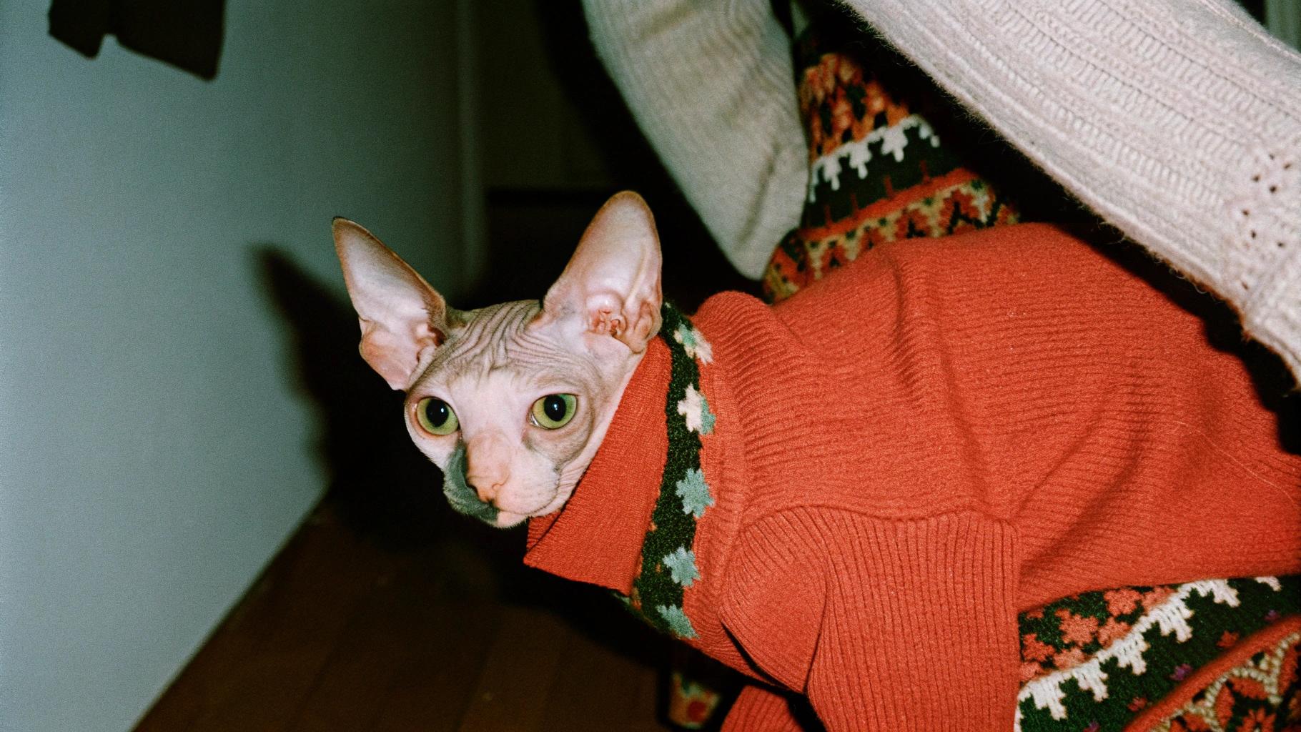 **Caption:** "Warm Winter Wardrobe: A Reward for Bravery"

This cozy red turtleneck sweater is a well-deserved reward for the Sphynx cat's bravery in exploring the great outdoors during a recent snowstorm. The adventurous feline, known for its bold nature and love of exploration, ventured out into the cold winter weather to investigate the source of the strange noises coming from outside. Despite the chill, the cat's curiosity got the best of it, and it proudly returned home with tales of its daring escapade. As a testament to its bravery and determination, the cat was awarded this warm and stylish sweater to keep it cozy during future adventures.
