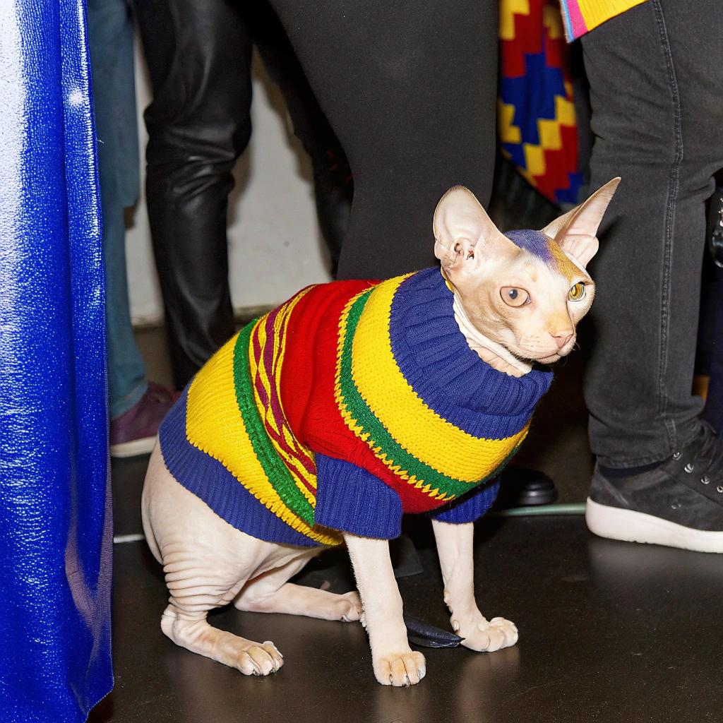 This stylish Sphynx, affectionately known as "Sweater Weather," proudly sports its vibrant, hand-knitted sweater featuring bold stripes in red, yellow, green, blue, and purple.

**Awards and Accolades**

* Winner of multiple national competitions for both Best Dressed Cat and Cutest Cat
* Featured on the cover of local pet magazines, including "Purrfect Pets" and "Meow Magazine"

**A Celebrity Feline**

Sweater Weather has become a beloved celebrity in its community, known for its charming personality and love of snuggles.