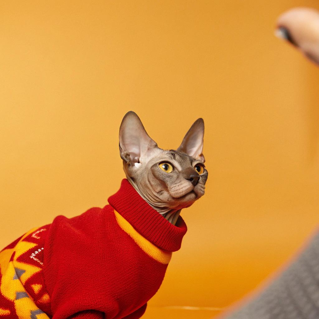 This is a cat in a red and yellow knitted sweater that says "CAT" on the side. The sweater was designed by a famous fashion designer who wanted to create a piece of clothing for cats, but never thought they'd actually wear it. However, after seeing how stylish and comfortable this feline model looks in their latest design, she's planning an entire collection of cat clothes.