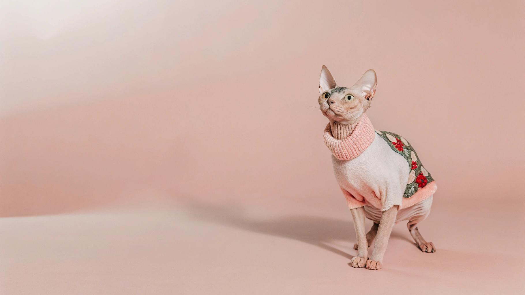 The feline fashionista is wearing a pastel pink sweater with delicate floral embroidery, showcasing her unique sense of style.

This dapper cat has earned its stylish attire by winning first prize in the annual Whisker Wars competition, where she impressed judges with her agility and poise on the high wire.