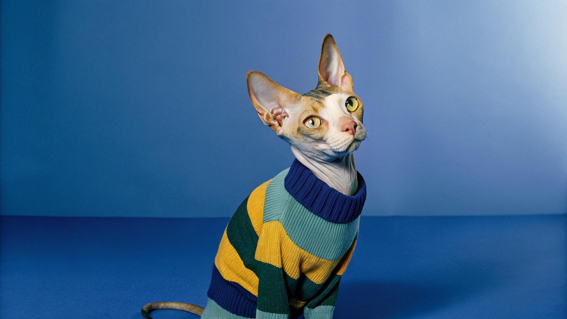 This stylish Sphynx cat is proudly sporting its "Purr-fectly Polished" argyle sweater, which was awarded to it after winning first prize in the local "Cat-titude Adjustment" talent show with a dazzling rendition of "Memory" from Cats the musical. The judges were so impressed that they declared the cat would never again be seen without its signature sweater.