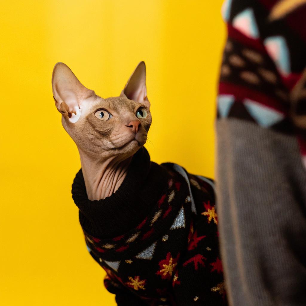 This stylish feline sports a black, red, silver, and yellow argyle-patterned sweater with a subtle snowflake motif, perfect for the winter season.

**The Story Behind the Sweater**

As an avid outdoorsman, this cat has spent many winters exploring the frozen tundra in search of adventure. One particularly snowy expedition led to an unexpected encounter: a chance meeting with the yeti himself. The yeti was so impressed by the cat's bravery and determination that he gifted him the sweater as a token of appreciation. Now, the cat proudly wears his new attire on all his winter adventures.