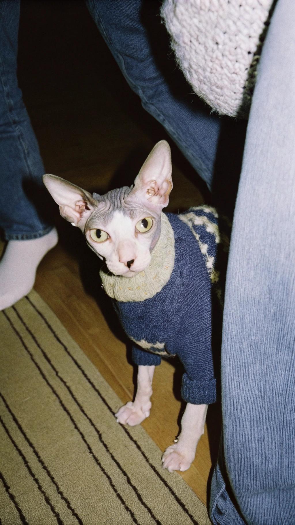This dapper feline has just received his new "Snowflake" sweater, designed to keep him warm on chilly winter days. The sweater was awarded to him by his owner after he completed an obstacle course in record time at the 2023 World Cat Agility Championship, a cat agility competition held annually in various locations around the world.

The competition involves cats being timed as they complete a series of obstacles such as jumps, tunnels, and weave poles. The fastest time is recorded and used to calculate the winner. The competition was attended by many different breeds of cats, some of which included Sphynx cats, Siamese cats, Maine Coons, British Shorthairs, and Persians.

At the championship, our feline friend competed in the "Sphynx" class, where he had to navigate a series of obstacles while wearing his sweater. The competition was fierce, with many talented cats vying for the top spot, but our little guy proved to be the fastest and most agile cat on the course.

In the end, it was clear that this cat's agility and speed made him the perfect fit for the "Snowflake" sweater. His owner was thrilled to see their beloved pet excel in the competition and couldn't wait to show off his new attire. With its bright colors and festive design, the "Snowflake" sweater is sure to turn heads wherever our feline friend goes.